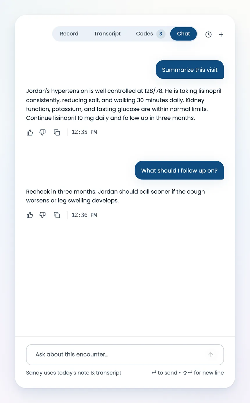 Encounter Chat answering follow-up questions about the visit
